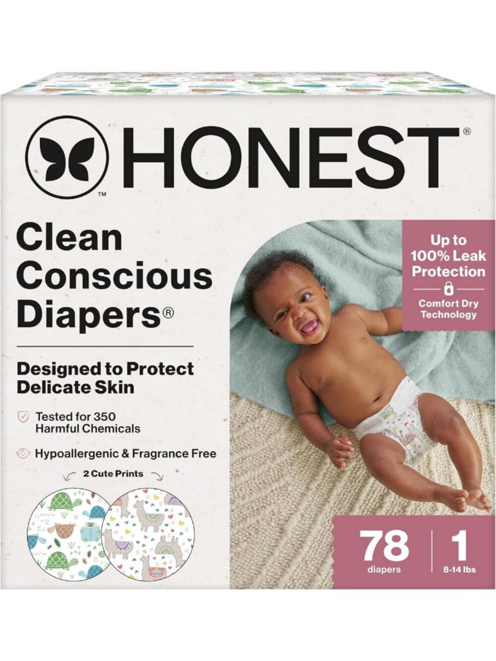 Eco-Friendly Diapers, All the Alpacas + Turtle Time, Size 1, 78 Count, Soft